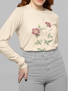 Rose Vintage Floral Print Long Sleeve Graphic Tee T-shirt S-XXL